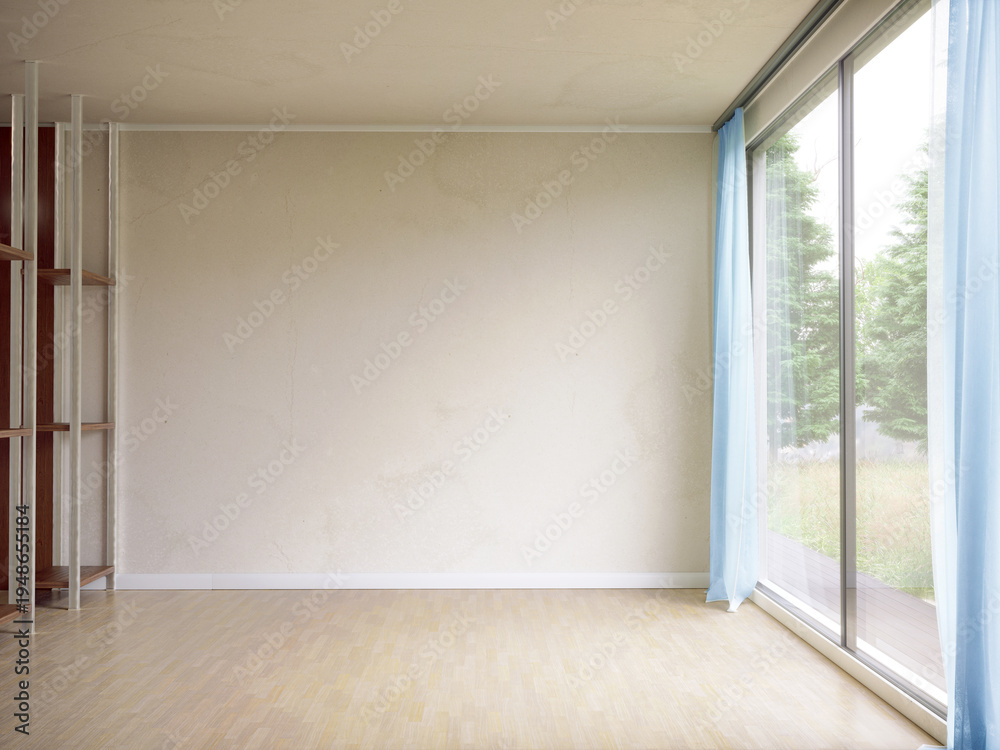 Fototapeta premium 3D rendering of a minimalist empty room with light wood floors, a large wall unit on the left, and a floor-to-ceiling glass wall with light blue curtains.