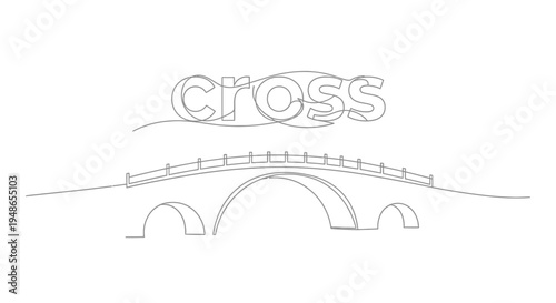 Continuous line drawing of a bridge and the word "cross" above it