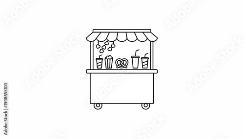 Concession Stand Icon: Popcorn, Pretzel, Drinks - Vector Outline