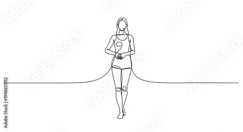 Continuous line drawing of a woman in a swimsuit holding a question mark