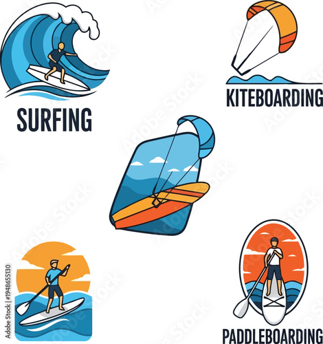 Water Sports Icons Set: Surfing, Kiteboarding, Windsurfing, Paddleboarding Illustrations