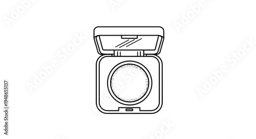 Cosmetic compact with mirror, open, showing eyeshadow or powder, line art illustration