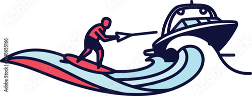 Surfer Towing Behind Luxury Speedboat on Ocean Waves   Modern Illustration