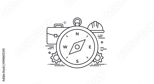 Business Navigation: Compass, Briefcase, Hard Hat, Gears - Strategy and Planning Concept