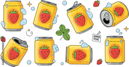 Strawberry soda cans collection with fizzy drink aluminum cans bubbles and strawberry label refreshing beverage flat vector illustration