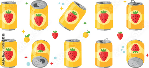 Strawberry Soda Can Vector Collection with Yellow Soft Drink Cans Fresh Fruit Beverage Summer Illustration Set