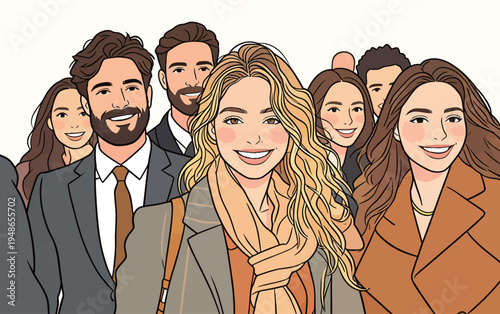 Group of people smiling together in casual setting in bright colors at a social gathering with warm tones