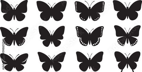 Collection of black butterfly silhouettes on white background