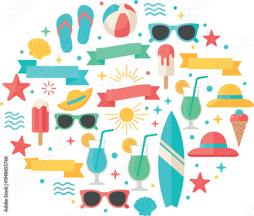 Summer beach vacation icons arranged in circle with surfboard, sunglasses and tropical drinks illustration