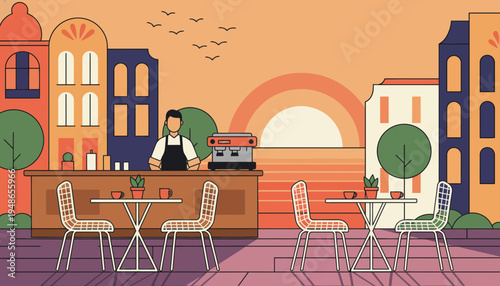 Barista serving coffee at outdoor cafe tables with city buildings and sunset background