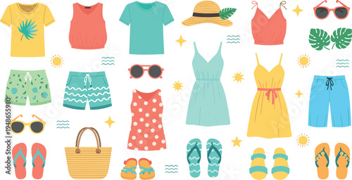 Summer vacation clothing and beach accessories vector set with dresses, shorts, sandals, sunglasses, hat, bag and tropical fashion items