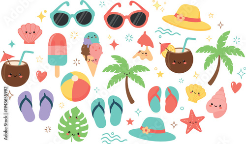 Summer Beach Vacation Vector Collection with Sunglasses Flip Flops Ice Cream Coconut Palm Tree Tropical Holiday Illustration Set