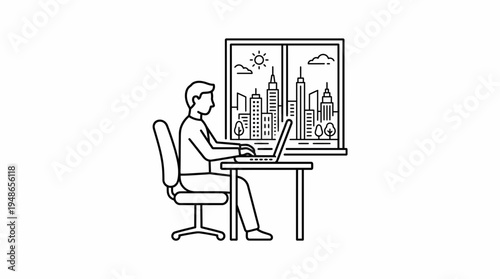 Line art vector icon of a person typing on a laptop at a desk, with a sunny cityscape visible through the window, illustrating remote work and city living.