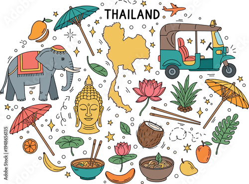 Thailand Travel Vector Illustration Set with Map Tuk Tuk Elephant Buddha Temple Food Tropical Vacation Culture Icons Collection