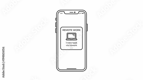 Minimalist outline vector icon of a smartphone displaying a remote work notification from Upwork, symbolizing mobile freelancing and online job opportunities.