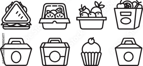 Assorted food items neatly arranged in containers and baskets. Vector
