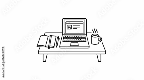 Outline vector icon of a laptop with a profile page on screen, next to an open notebook and pen, beside a steaming coffee mug on a tray table.