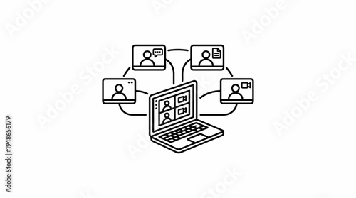 Outline vector icon illustrating a laptop at the center of a network, connecting to multiple video call screens with people, symbolizing online collaboration.