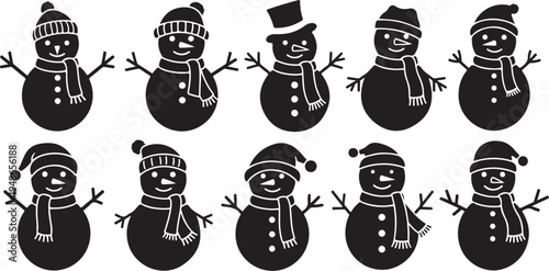 Black and White Snowmen in Various Winter Hats Smiling