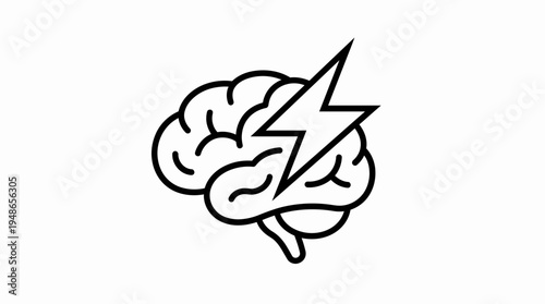 Minimalist outline vector icon of a human brain with a lightning bolt symbolizing ideas, inspiration, and mental energy.