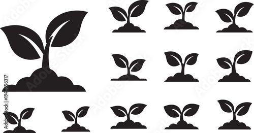 Set of small plant silhouettes growing in soil icons