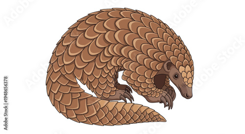 Pangolin Curled Up Protection Scales White Background Cute Mammal Illustration