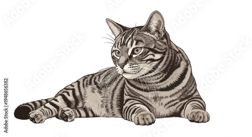 Tabby Cat Lying Down, Looking Sideways, Realistic Illustration