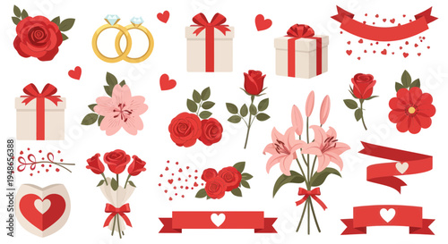 Valentine's Day Symbols: Roses, Gifts, Rings, Hearts, Ribbons, Flowers