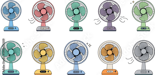 Vintage electric fan collection with colorful desk fans and cooling appliance illustration set