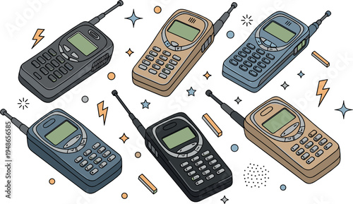 Vintage Mobile Phones Vector Set with Retro Cellphones Antenna Handsets Classic 1990s Communication Technology Illustration Collection