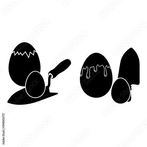 Two stylized chocolate eggs with different toppings and a broken one on the side Vector, illustration