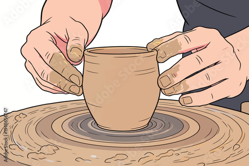 Hands shaping a clay cup on a pottery wheel in a studio during the daytime