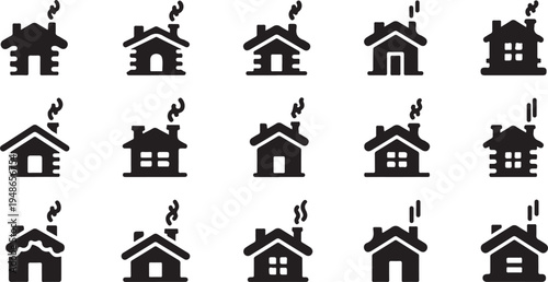 Black and white house icons with smoke on roofs