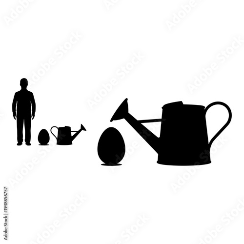 Comparison of watering cans and a human figure for scale illustration Vector, illustration
