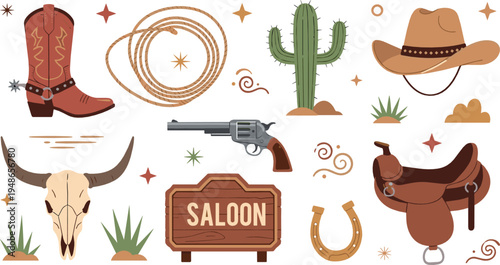 Wild west cowboy elements vector set with boots, revolver, cactus, lasso rope, saloon sign, saddle and desert western icons