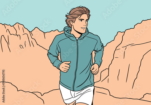 Man runs on a rocky trail under blue sky in desert landscape during daytime near mountains