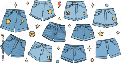 Women denim shorts collection vector illustration with trendy blue jean shorts, patches, stars and casual summer fashion clothing set