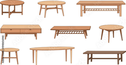 Wooden Tables Vector Collection with Coffee Table Dining Table Round Table Furniture Interior Illustration Set