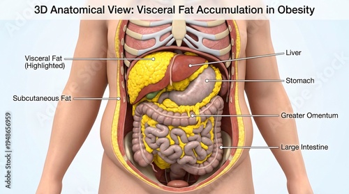 Detailed 3D anatomical view illustrating visceral and subcutaneous fat accumulation in human obesity around vital organs
