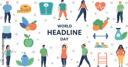 World headline day health awareness vector illustration featuring healthy lifestyle, fitness activities, nutrition, heart health and medical wellness concept