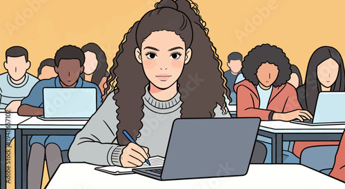 Student writes notes in classroom during lesson with peers using laptops