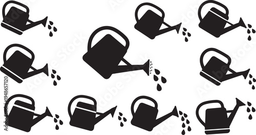 Black watering cans on white background with water drops