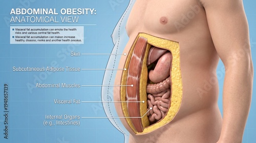 Anatomical cross-section illustrating abdominal obesity, revealing visceral and subcutaneous fat distribution alongside potential health risks