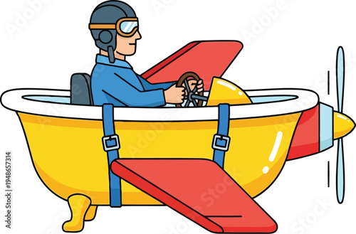 Cartoon Pilot Flying a Vintage Biplane with Passenger in Cockpit