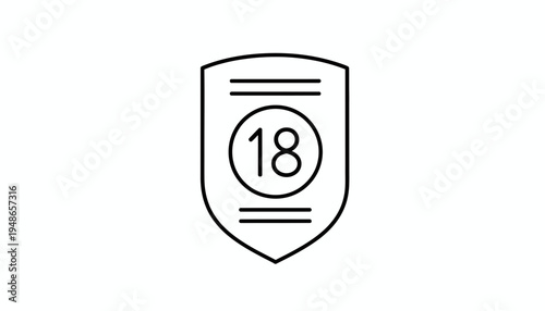 Age restriction shield icon, number 18 inside circle, symbol for adult content, legal age, rating