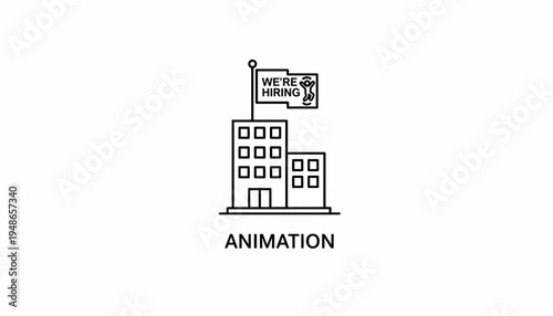 Animated Company Building with "We're Hiring" Flag - Business Recruitment Concept