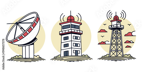 three different types of communication towers Vector
