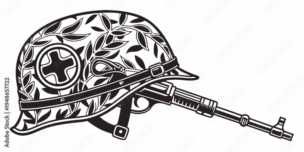 Fototapeta premium a military helmet with a star and rifle Vector