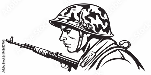 a soldier wearing a camouflage helmet and holding a rifle Vector