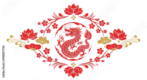 Ornate Red Dragon Emblem with Lotus Flowers and Cherry Blossoms